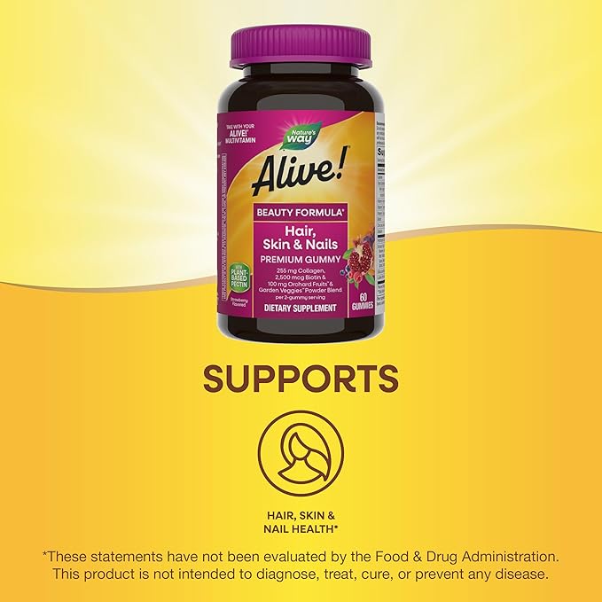 Nature's Way Alive! Hair, Skin & Nails Premium Gummies, Beauty Formula*, with Collagen, Biotin, Vitamins C & E, Strawberry Flavored, 60 Gummies