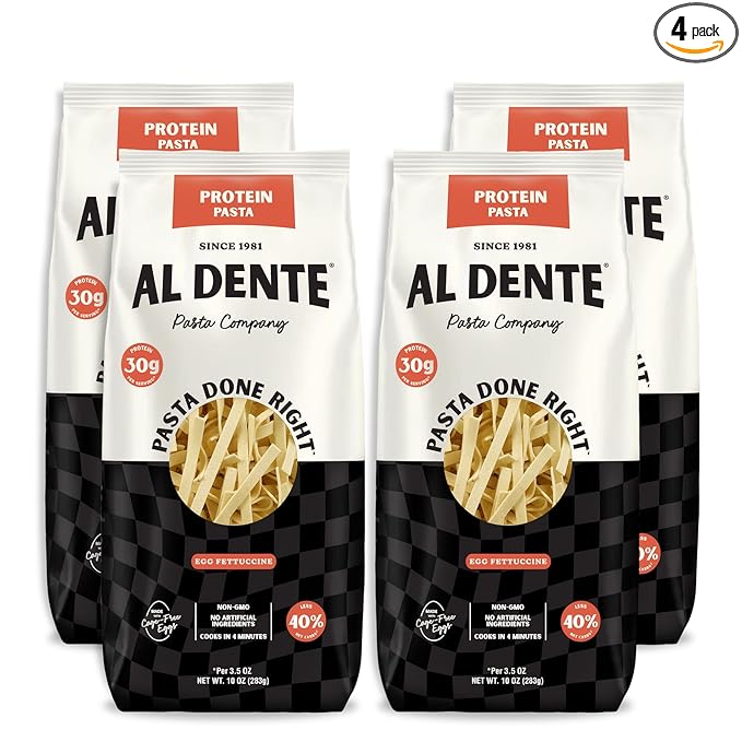 Al Dente Protein Pasta Egg Fettuccine – 30g High Protein in 3.5oz Serving, Lower Carb, High Fiber. Cage-Free Eggs & Semolina. (Previously Carba-Nada, Packaging May Vary) - 10oz Bags (Pack of 4)