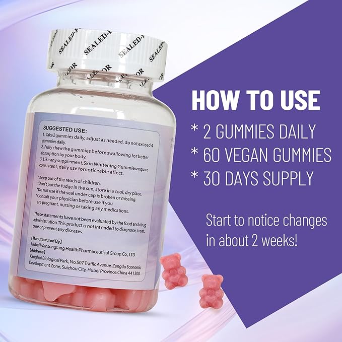 AIHIYO Skin Whitening Gummies, with I-Glutathione, Collagen and Bioth, Antioxidant & Skin Brighten, Anti-Aging, 60 Count