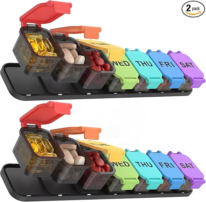 2-Pack Extra Large Weekly Pill Organizer - Waterproof 7-Day Pill Box, Portable Vitamin & Supplement Case, Easy to Open Design, Ideal for Travel and Daily Medication Management,Rainbow