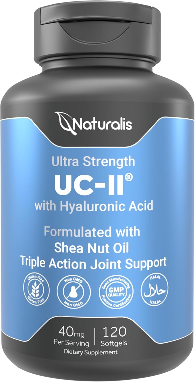 Naturalis UC-II 40 mg with Hyaluronic Acid and Shea Nut Oil | Enhanced Undenatured Type II Collagen for Better Joint Health, Mobility & Flexibility | Gluten-Free & Non-GMO | 120 Softgels