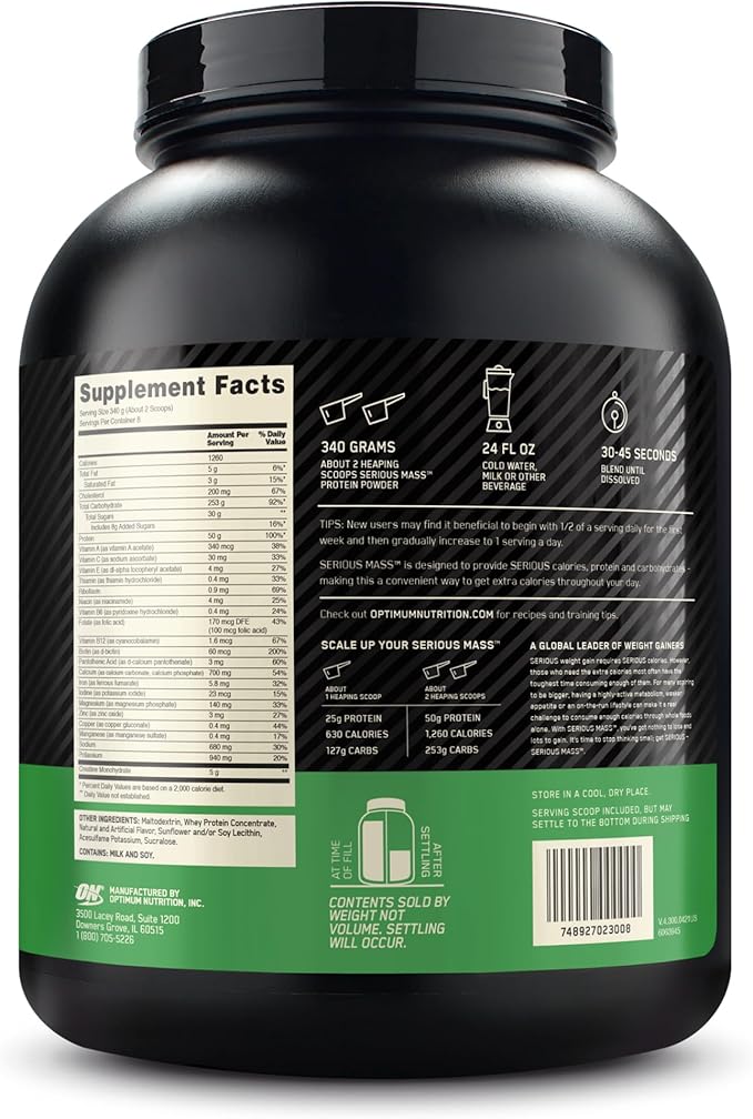 Optimum Nutrition Serious Mass, Weight Gainer Protein Powder, Mass Gainer, Vitamin C and Zinc for Immune Support, Creatine, Vanilla, 6 Pound (Packaging May Vary)