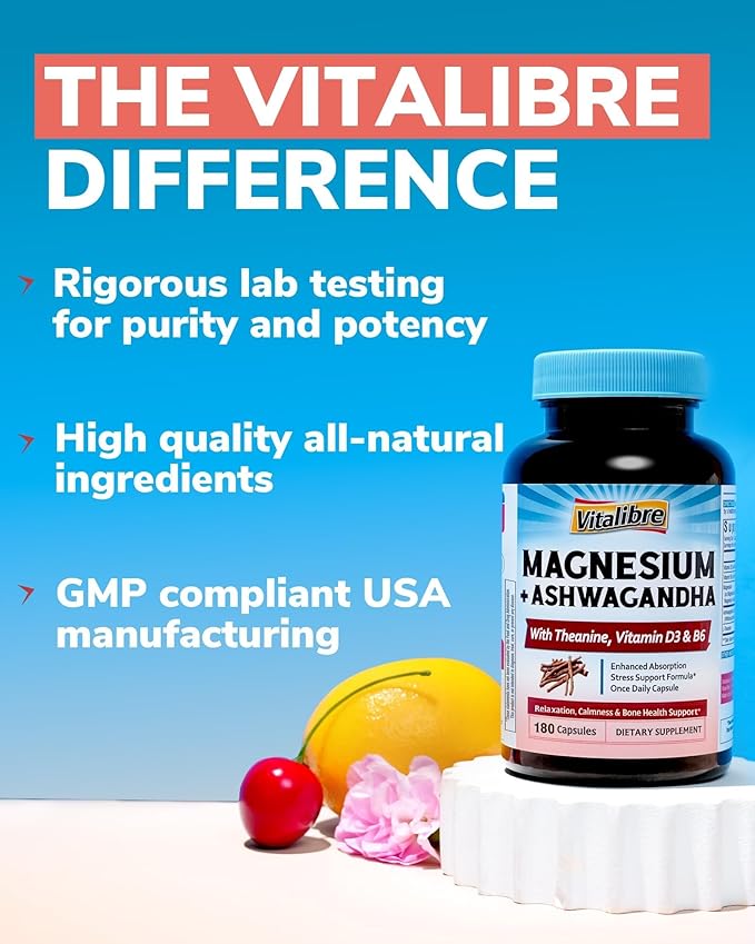 Magnesium Complex with Ashwagandha & L-Theanine - Stress Relief, Bone & Relaxation Support - w/Vitamin D3, B6 - Glycinate, Citrate, Malate, Taurate - 180 Vegan Capsules, Non-GMO, Gluten free