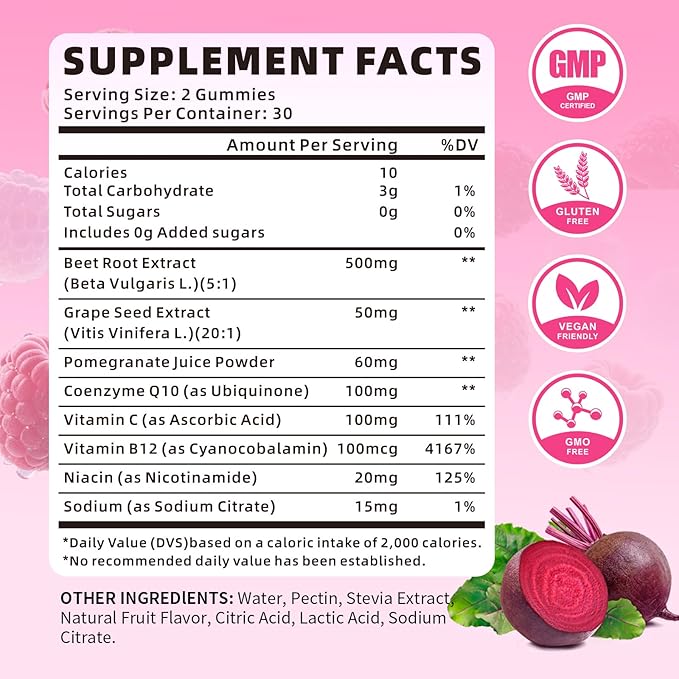 Beet Root Gummies for Women & Men, Beetroot Supplement Beet Chews with Vitamins Grape Seed for Antioxidant Supoort & Immune Health, Sugar-Free/Vegan/Organic,Raspberry Flavor 120 Count