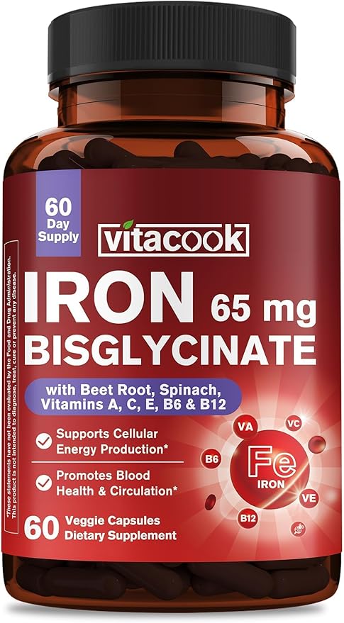 Iron Supplement for Women & Men, 65mg Ferrous Bisglycinate Chelate, Slow Release Iron with Vitamins A C E B6, B12, Folate, Organic Spinach & Beet Root Powder, for Blood Flow & Energy Support, 60 Caps