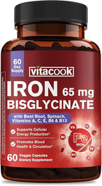 Iron Supplement for Women & Men, 65mg Ferrous Bisglycinate Chelate, Slow Release Iron with Vitamins A C E B6, B12, Folate, Organic Spinach & Beet Root Powder, for Blood Flow & Energy Support, 60 Caps