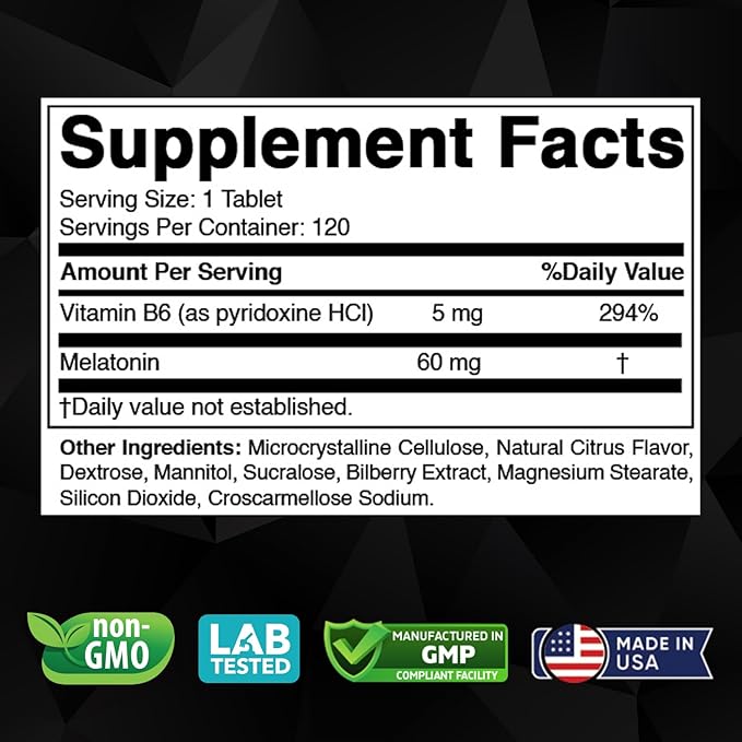 Melatonin 60 mg with Vitamin B6 – 120 Fast Dissolve Tablets Extra-Strength Sleep Support – Drug-Free – Natural Citrus Flavor – Vegetarian, Non-GMO, Gluten-Free