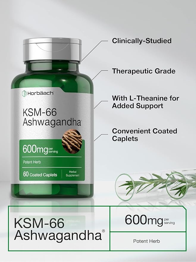 Horbäach KSM-66 Ashwagandha | with L-Theanine | 60 Coated Caplets | Vegan, Non-GMO, Gluten Free Complex Supplement