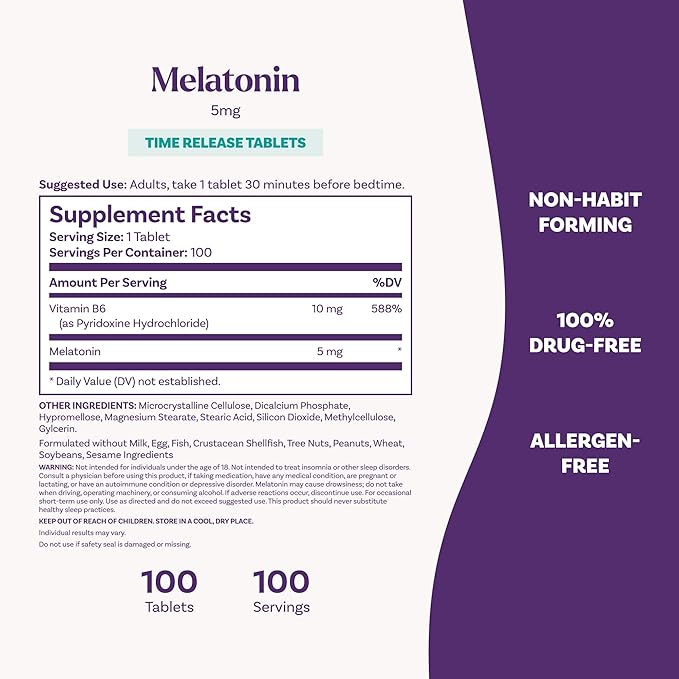 Natrol Melatonin 5 mg Time Release, Dietary Supplement to Minimize Wake Ups, Nighttime Sleep Aid, 100 Tablets, Up to a 100 Day Supply