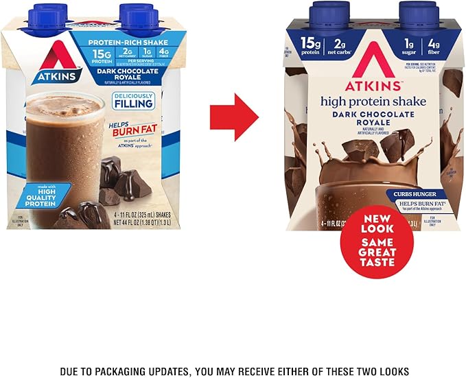 Atkins Dark Chocolate Royale Protein Shake, High Protein Shakes, Low Glycemic, Low Carb and Low Sugar Chocolate Flavored Protein Shakes, Keto Friendly, 12 Count