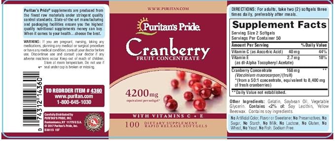 Puritan's Pride Cranberry Fruit Concentrate with Vitamin C & E 4200 mg Softgels, 100 Count