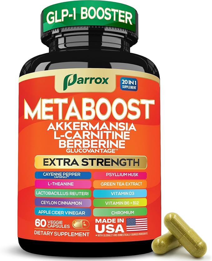 GLP-1 Booster Supplement, Akkermansia, L-Carnitine, Berberine (GlucoVantage), Methylfolate, Methylated B12, Chromium, Capsimax, Psyllium Husk, Probiotics Vitamins D3, B6, 20-in-1 Plant-Based (60 Caps)