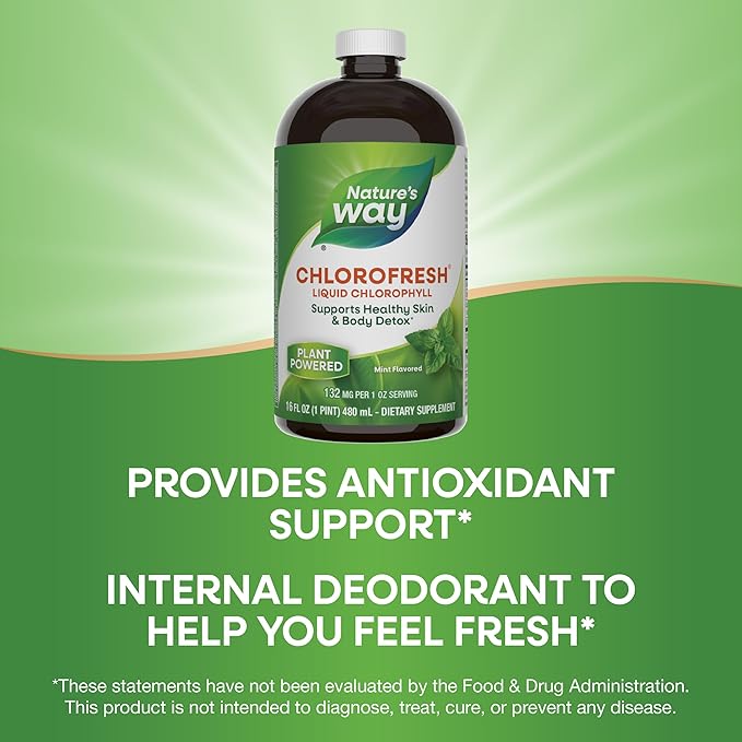 Nature’s Way Chlorofresh Liquid Chlorophyll, Chlorophyllin Copper Complex, Internal Deodorant Supplement, Supports Healthy Skin and Detox Pathways*, Mint Flavored, 16 fl oz