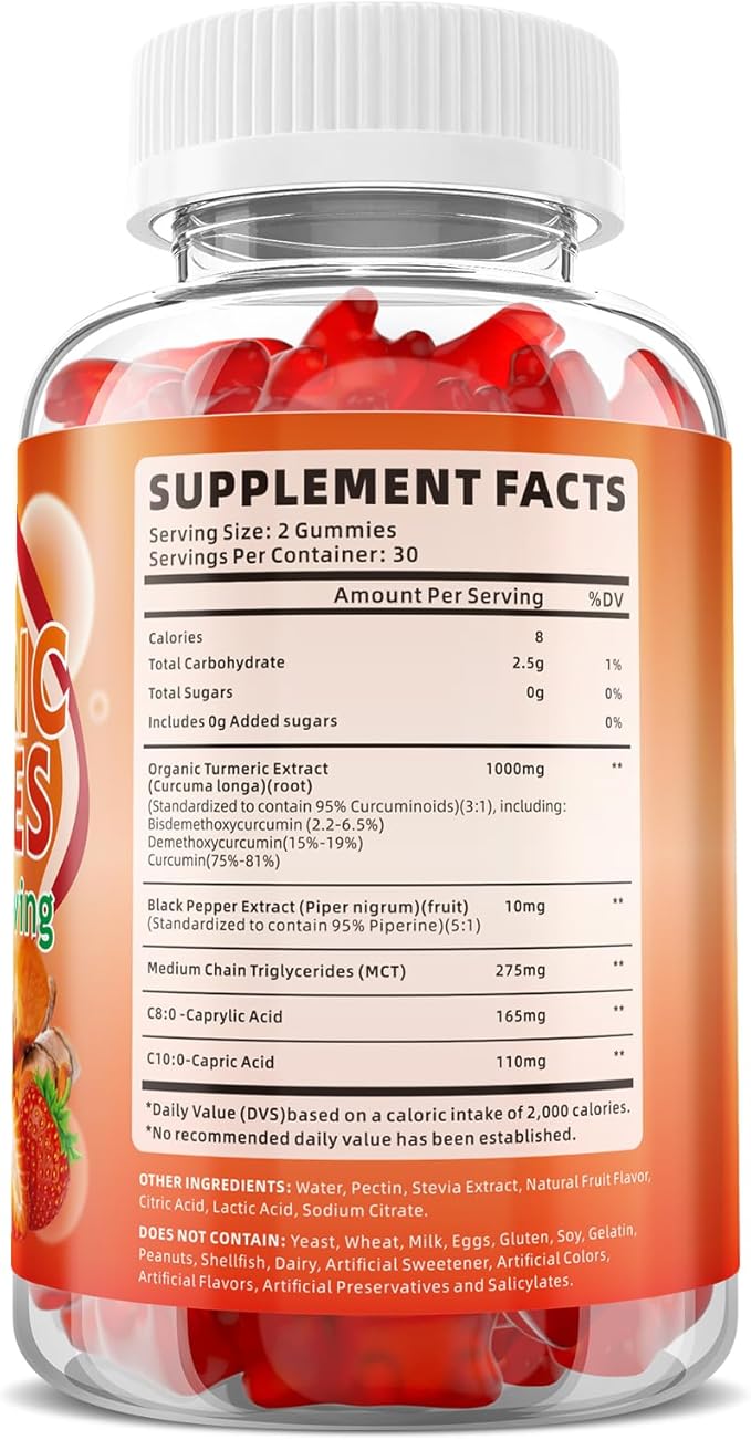 Turmeric Gummies 1000mg, Organic Turmeric Curcumin Supplement with Black Pepper for Immune & Muscle Support, Sugar-Free/Vegan/Gluten-Free, Strawberry Flavor 120 Count
