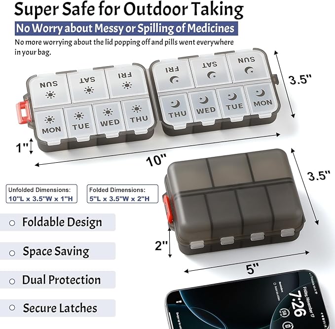 NEW Foldable & Double Protection Portable Weekly Pill Organizer 2 Times A Day with Etched Labels, AM PM 7 Day Week Medicine Box, Daily Travel Pill Case Dispenser for Vitamin, Supplement - Clear Black