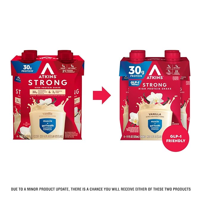 Atkins Strong High Protein Shake, Vanilla Flavored, 30g Protein, Low Carb and Low Sugar Shake, Keto Friendly, Gluten Free, Muscle and Gut Health Support Complex, 12 Count