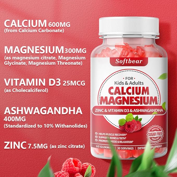 softbear Calcium Magnesium Zinc Gummies for Women, Calcium Magnesium Supplement with Vitamin D3 for Bone Strength, Vegan/Sugar-Free, Raspberry Flavor 60 Count