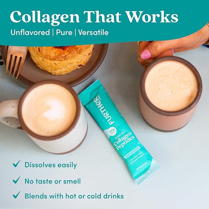 Further Food Unflavored Collagen Peptides Powder - 100% Grass-Fed, Hydrolyzed Type 1 & 3, 20g of Collagen per Serving, Supports Skin, Hair, Nails & Joints, Stick Packs 8.47 Oz