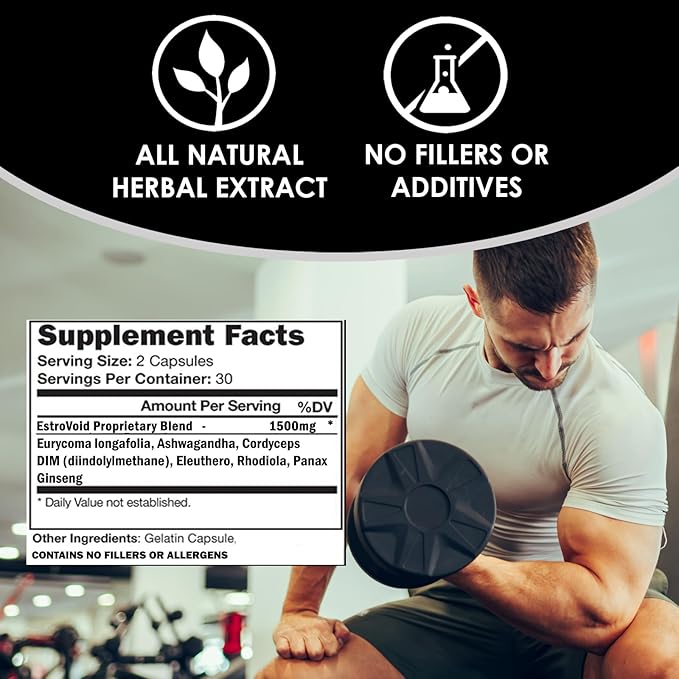 VH Nutrition ESTROVOID | Estrogen Blocker for Men | 1500mg Max Strength Natural Aromatase Inhibitor* W/ DIM, Longjack, Ashwagandha, Eleuthero, Cordyceps, Rhodiola, & Panax Ginseng