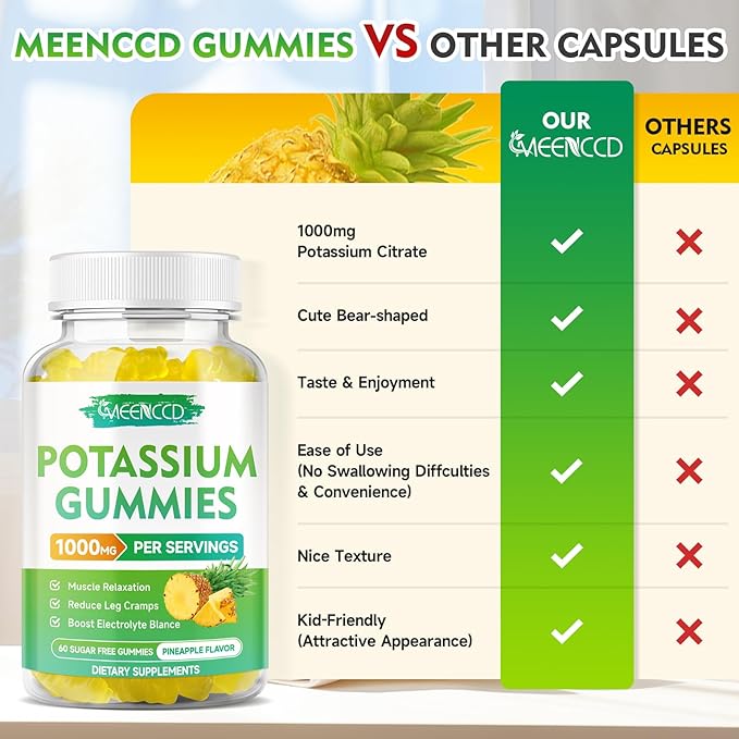 Potassium Citrate Gummies 1000mg, High Potency Potassium Supplement Gummies for Adults Women & Men, Support Muscle Health, Sugar-Free, Pineapple Flavor, 120 Count
