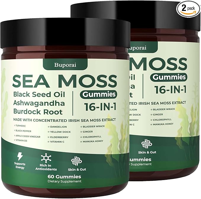 Sea Moss Gummies 16-1, Black Seed Oil Ashwagandha Turmeric Bladder Wrack Vitamin C Vitamin D3 Elderberry Manuka Dandelion Yellow Dock Apple Cider Vinegar for Men & Women