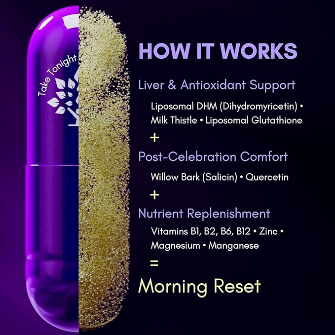 purple tree Post-Celebration Wellness Supplement | Liposomal Dihydromyricetin (DHM), L-Glutathione, Milk Thistle for Liver Support & Hydration | Electrolytes, B Vitamins, Willow Bark | 90 Pills