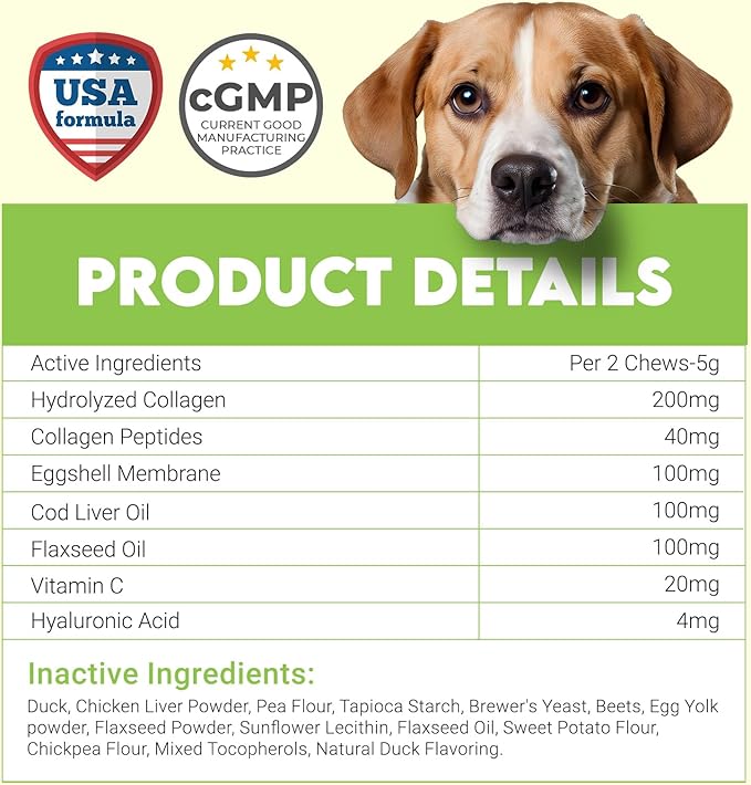 Collagen for Dogs - 150 Chews - Joint, Skin & Coat Supplement with Hyaluronic Acid, Eggshell Membrane & Vitamin C - Daily Hip & Joint Support for Senior Dogs & Puppies - Duck