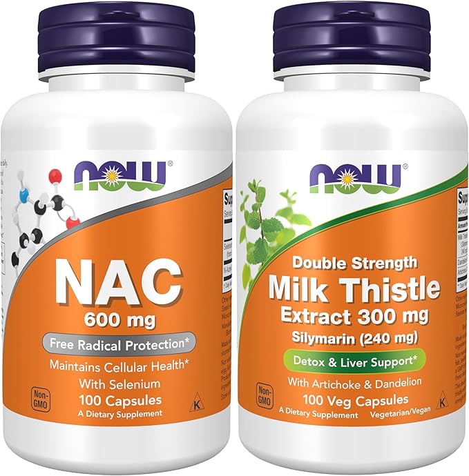 NOW Foods Supplements, NAC (N-Acetyl Cysteine) 600 mg with Selenium, 100 Capsules with Now Supplements, Silymarin Milk Thistle Extract 300 mg with Artichoke and Dandelion,100 Veg Capsules