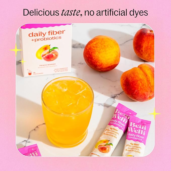 Belli Welli Fiber Supplement, Probiotics Fiber Powder Travel Pack for Women with Collagen & Electrolytes for Daily Gut Health & Debloating, Peach Mango, 10 Packets