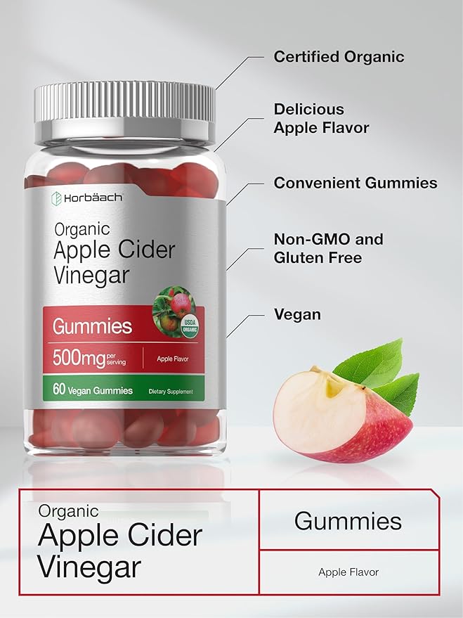 Horbäach Organic Apple Cider Vinegar Gummies | 60 Gummies | Vegan, Non-GMO & Gluten-Free Supplement | USDA Organic ACV | Apple Flavor