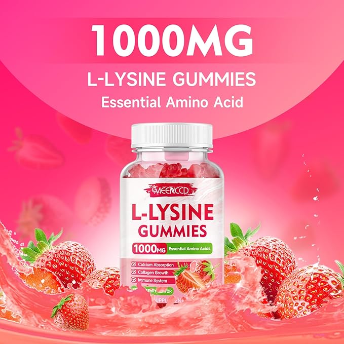 MEENCCD 2 Pack L-Lysine 1000mg Gummies, Lysine Supplement for Adults & Kids, Essential Amino Acid for Oral & Lips Health, Boost Immune & Calcium & Collagen, Sugar-Free, Strawberry Flavor, 120 Count
