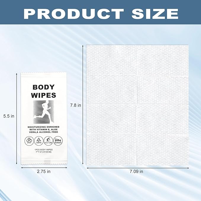 twoworld Body Wipes for Women and Men, Individually Wrapped Face and Body Wipes, No Rinse Personal Cleansing Wipes, Travel, Bulk (100 Count)