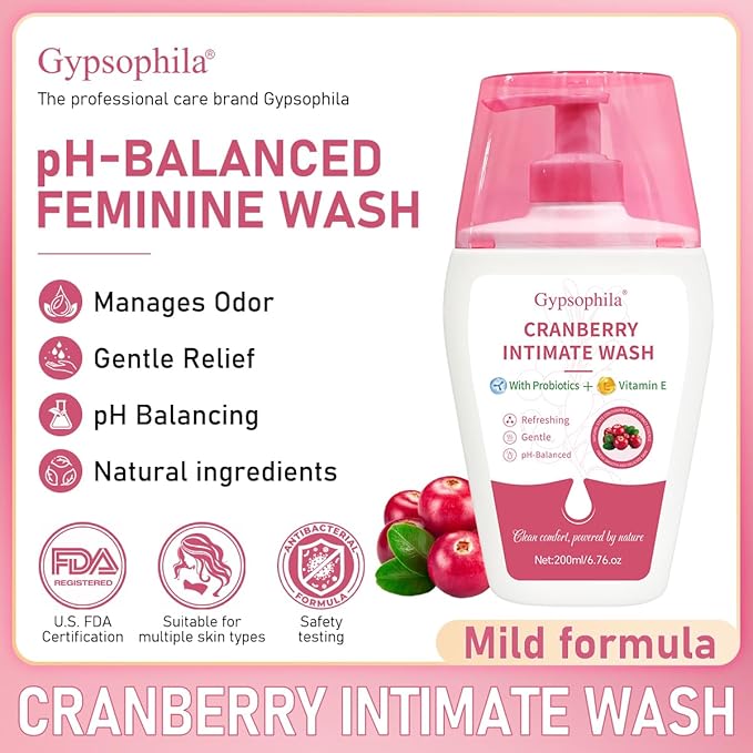 Cranberry Feminine Wash For Intimate Area Hygiene,pH Balance and Vitamin E for Vaginal wash,Non-Irritating,6.76 Fl Oz