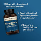 Dr. Mercola Betaine HCL & Pepsin - Digestive Support Supplement for pH Balance - Aids Mineral & Nutrient Absorption - Digestive Aid - Non-GMO, Gluten-Free & Soy-Free - 90 Capsules (30 Servings)
