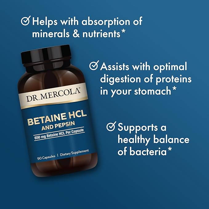 Dr. Mercola Betaine HCL & Pepsin - Digestive Support Supplement for pH Balance - Aids Mineral & Nutrient Absorption - Digestive Aid - Non-GMO, Gluten-Free & Soy-Free - 90 Capsules (30 Servings)