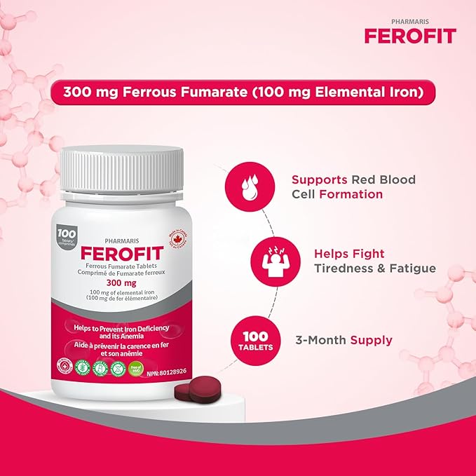Ferofit - Ferrous Fumarate 300mg (100mg Elemental Iron), Prevents Anemia Due to Deficiency, Iron Supplement for Women & Men, 100 Tablets