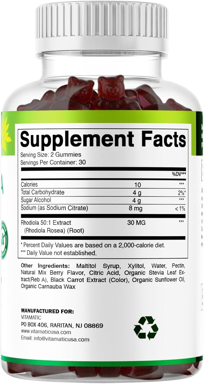 Vitamatic Rhodiola Rosea Gummies – Sugar-Free Plant-Based Extract – Mixed Berry Flavor – Vegan, Non-GMO – Adaptogen Supplement Gummies – 60 Count