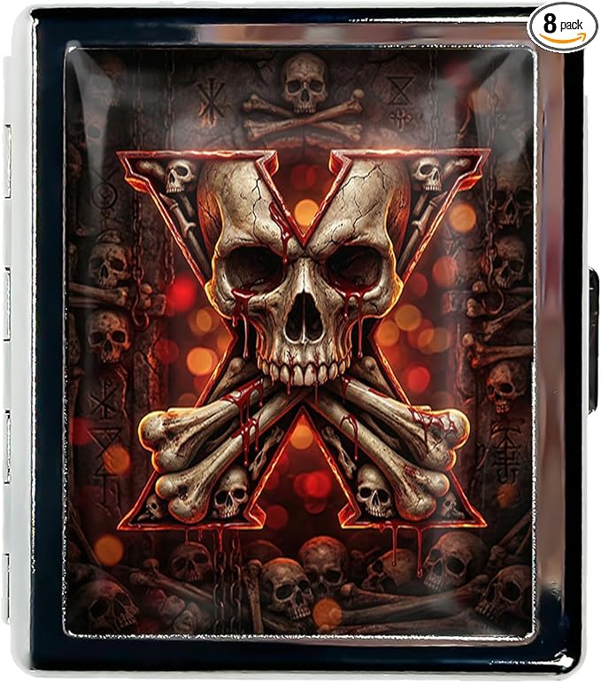 Weekly Pill Organizer, Metal Pill Box with 8 Compartments, Small Travel Pill Case for Purse Pocket, Medicine Vitamin Supplement Organizer (Blood Skull X)