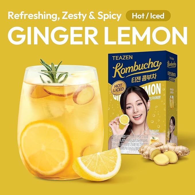 TEAZEN Lemon Ginger Hot Kombucha Tea, Spice Tea, Live Probiotics & Postbiotics, Relaxation and Warmth for Colds and Sore Throat, Hydration Drink Mix, Sugar Free, On-the-Go 10 Packets, 1.76oz