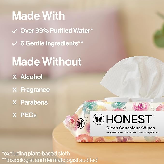 The Honest Company Baby Wipes for Sensitive Skin, Hypoallergenic, Fragrance-Free, Multi-Use, Rose Blossom Design, 576 Count (6 Packs of 96)