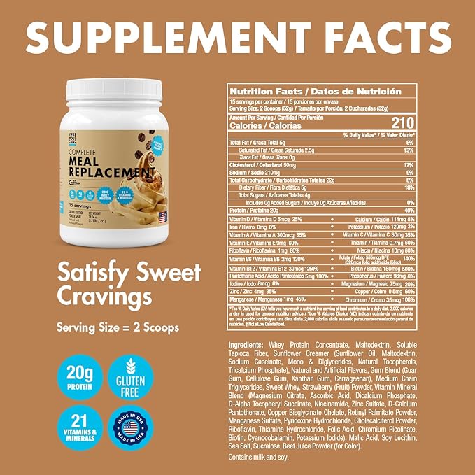 Yes You Can! Meal Replacement Shake - 20G Protein, 4G Fiber, 21 Vitamins & Minerals, 0G Added Sugar - Meal Replacement Protein Powder - Complete All-in-One Nutrition - 15 Servings (Coffee)