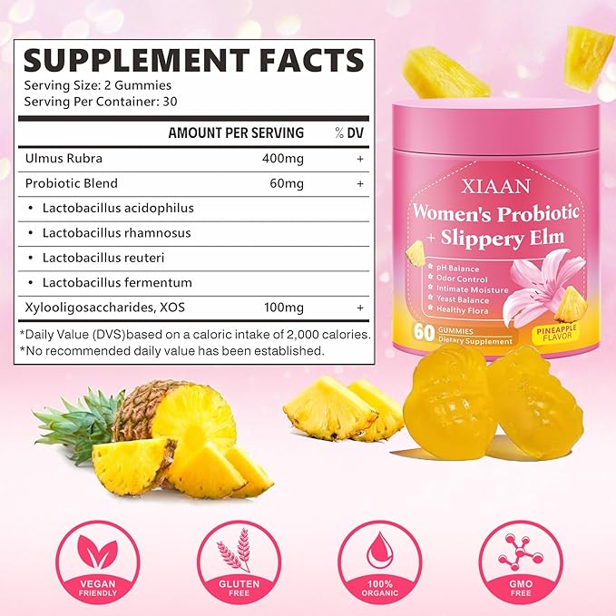 Women Probiotic Slippery Elm Gummies, Her Juicy Feminine Probiotics Supports pH Balance & Immune System, Vaginal Probiotic Gummies, Suagr-Free, Veagn, Pineapple Flavor, 60 Count