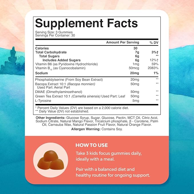 Kids Focus Gummies - Nootropics Brain Support Supplement for Kids with Green Tea Extract, B6 & B12 Vitamins for Memory and Brain Focus - Herbal Concentration Chews for Children - 90 Count