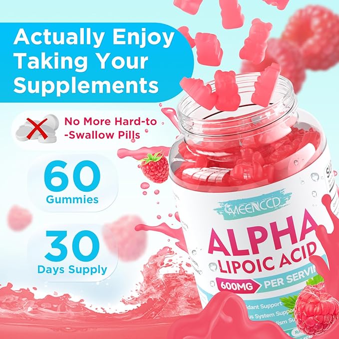 MEENCCD 2 Pack Alpha Lipoic Acid Gummies 600mg - ALA Supplement for Antioxidant Support, Vegan, Sugar-Free, Raspberry Flavor, 120 Count