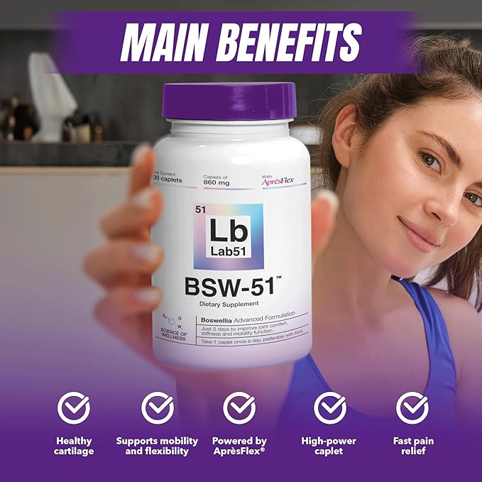 Boswellia Serrata AprèsFlex® Advanced Joint Support – BSW-51 with Hyaluronic Acid, Type II Collagen & Piperine – 30 Capsules, 860 mg Each – Supports Mobility, Flexibility & Cartilage Health