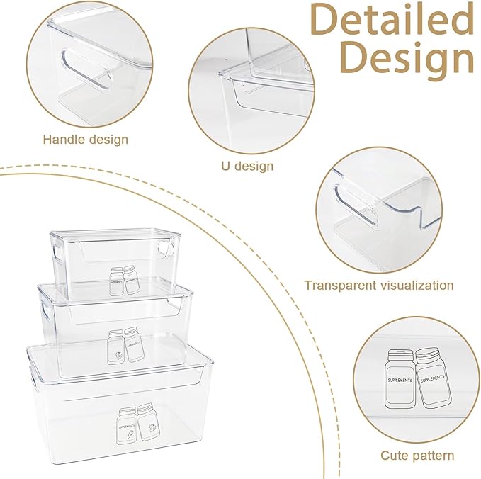 3 Pieces Supplement Bottle Organizer, Clear Plastic Vitamin Organizer with Lid and Handle, Stackable Pill Bottle Organizer, First Aid Box Empty for Vitamin, Medicine, Fish Oil & Supplements