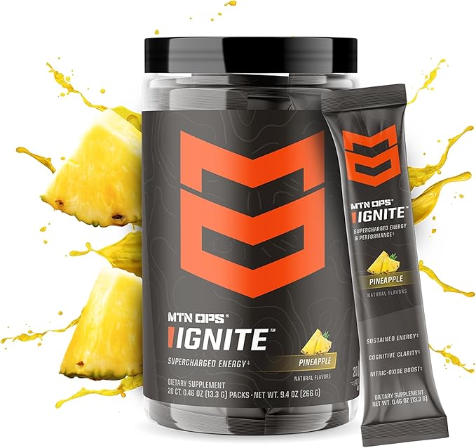 MTN OPS Ignite Sugar Free Energy Drink Powder Trail Packs with 200mg Caffeine, Travel Pre Workout Packets for to-Go Energy, Nootropic Blend, L Arginine & L Citrulline, 20 Servings, Pineapple Crush