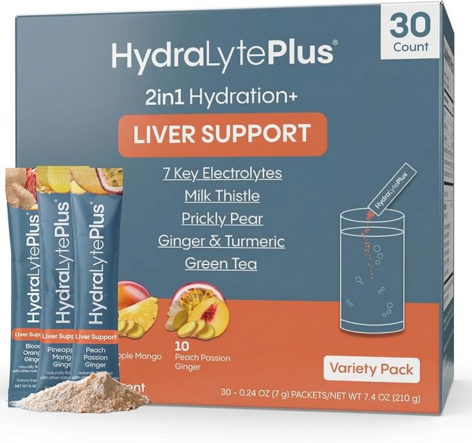 Hydralyte Liver Support + Electrolyte Mix with Milk Thistle, Turmeric, Ginger, Prickly Pear, Green Tea Extract Formulated for Rapid Rehydration (Variety Flavor, 30 Packets)