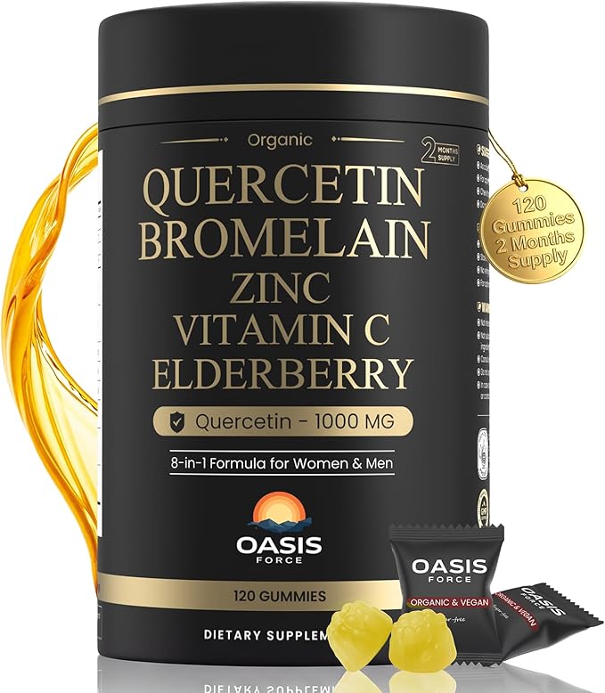 8-in-1 Quercetin with Bromelain Gummies 1000mg, High Potency Organic Quercetin Supplement with Zinc & Vitamin C, Elderberry, Seasonal Wellness & Immune Support, Vegan, Sugar Free, 120 Gummies