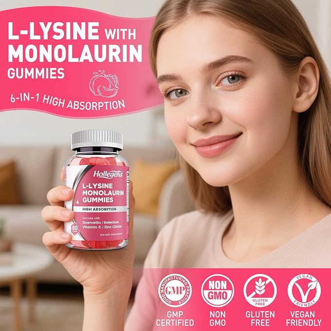 L-Lysine Monolaurin Gummies, Monolaurin and Lysine 1000mg Supplement for Adults & Kids, with Vitamin C, Zinc, Selenium & Quercetin, Immune & Overall support, Oral & Lip Health, Peach Flavor, 60 Ct